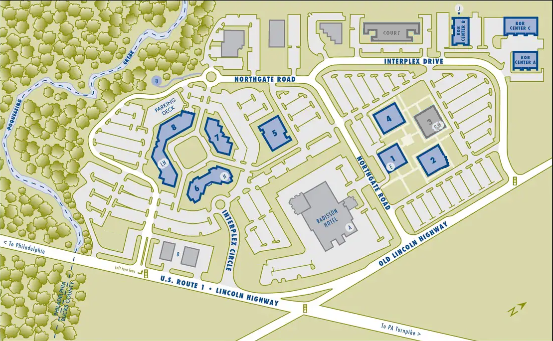 Site map of the Neshaminy Interplex campus with buildings, roads and amenities