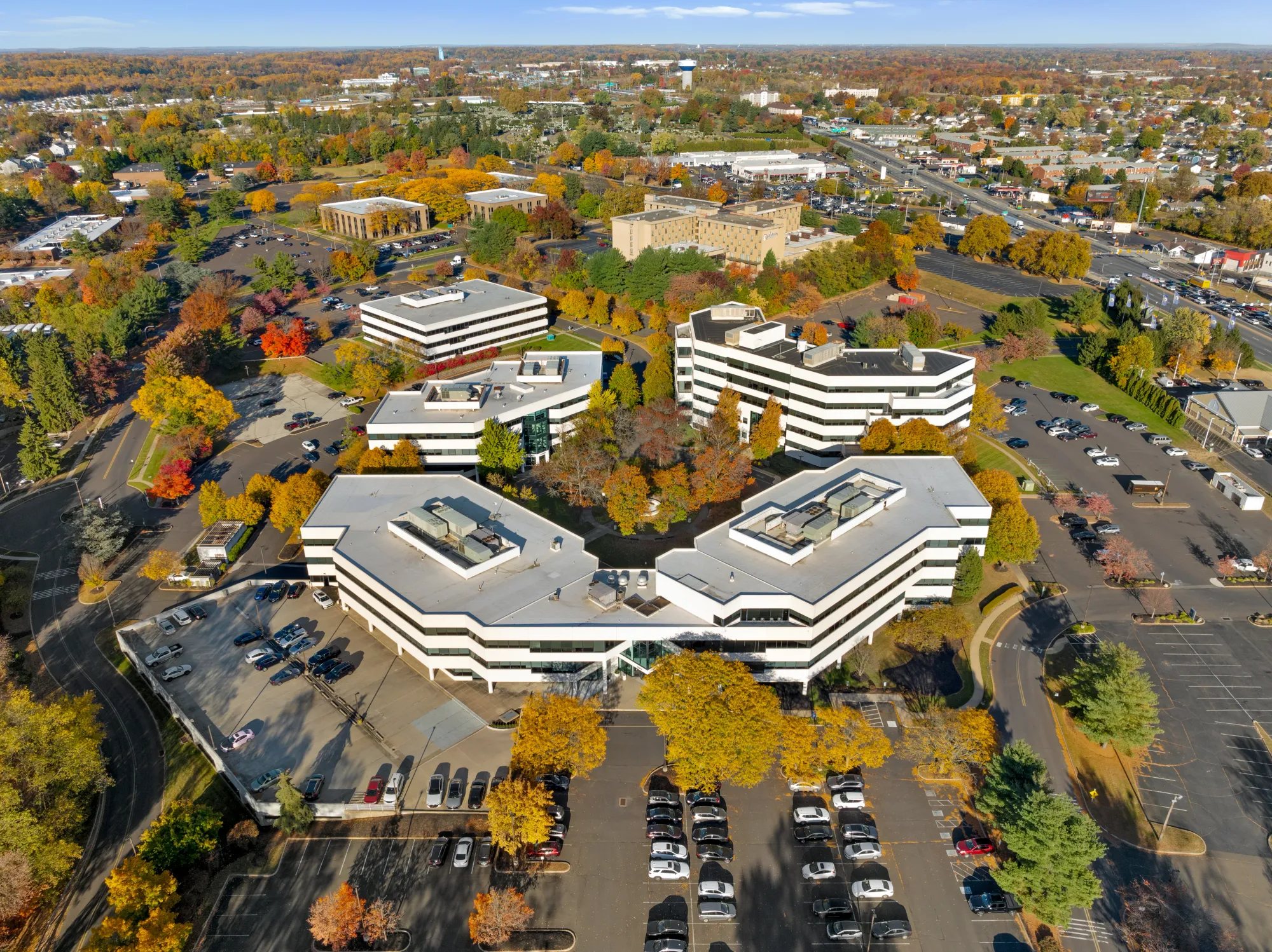Aerial view of the Neshaminy Interplex buildings and courtyard in autumn