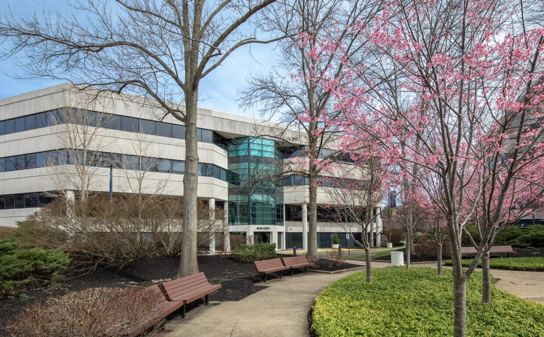 Garden path and benches beside Building Seven